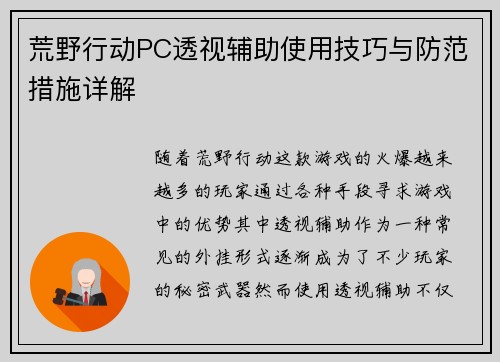 荒野行动PC透视辅助使用技巧与防范措施详解