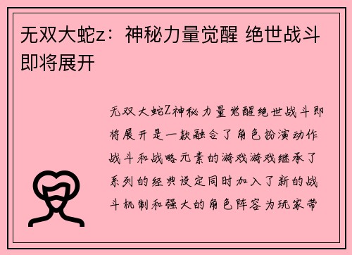 无双大蛇z：神秘力量觉醒 绝世战斗即将展开